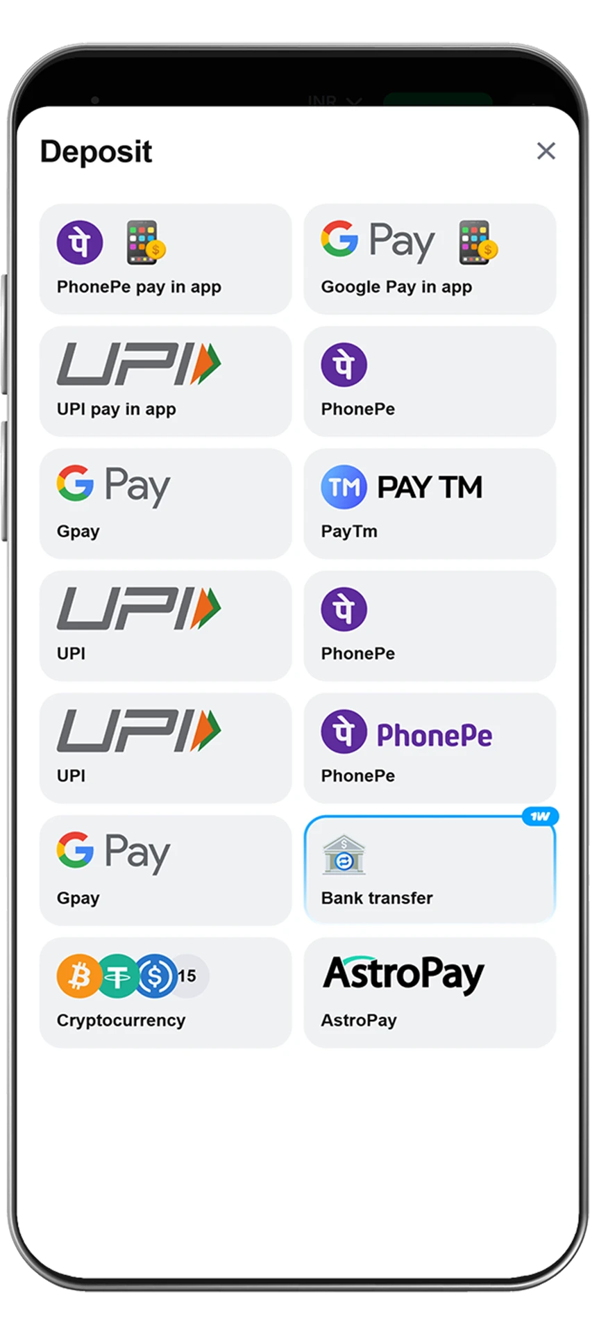 Selecting a payment method at 1win
